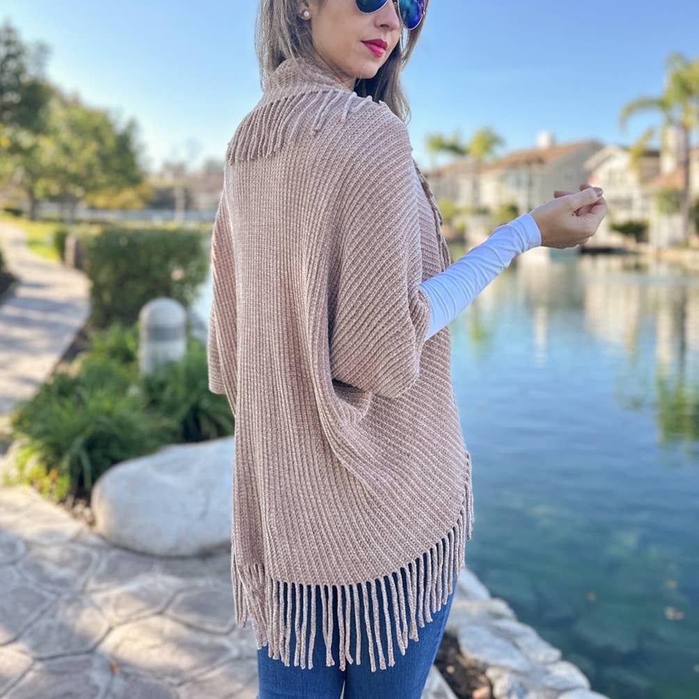 Dark Taupe Solid Knitted Shrug Cardigan with Tassels