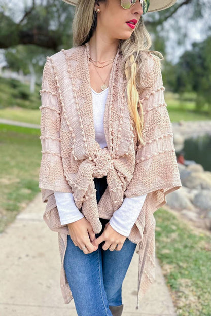 Nude 3D Textured Open Front Soft Kimono Cover UP