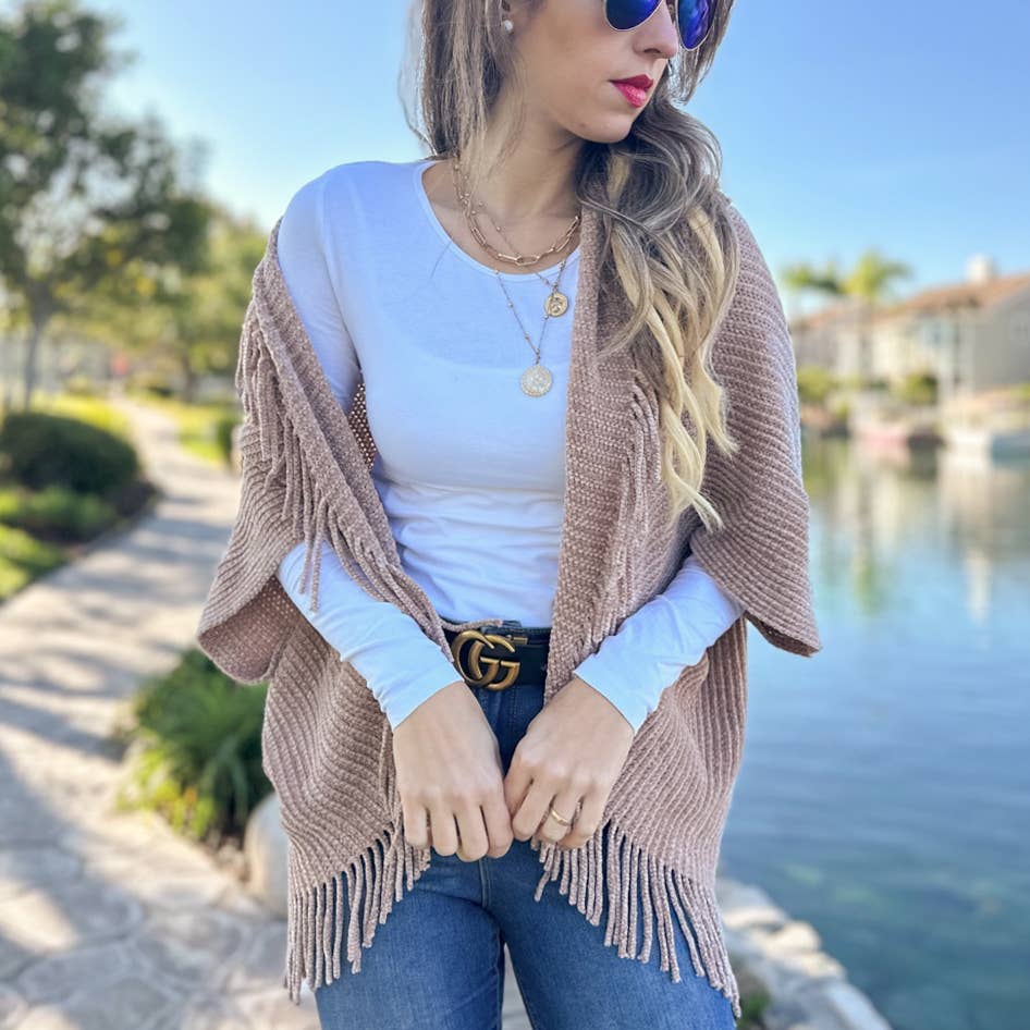 Dark Taupe Solid Knitted Shrug Cardigan with Tassels