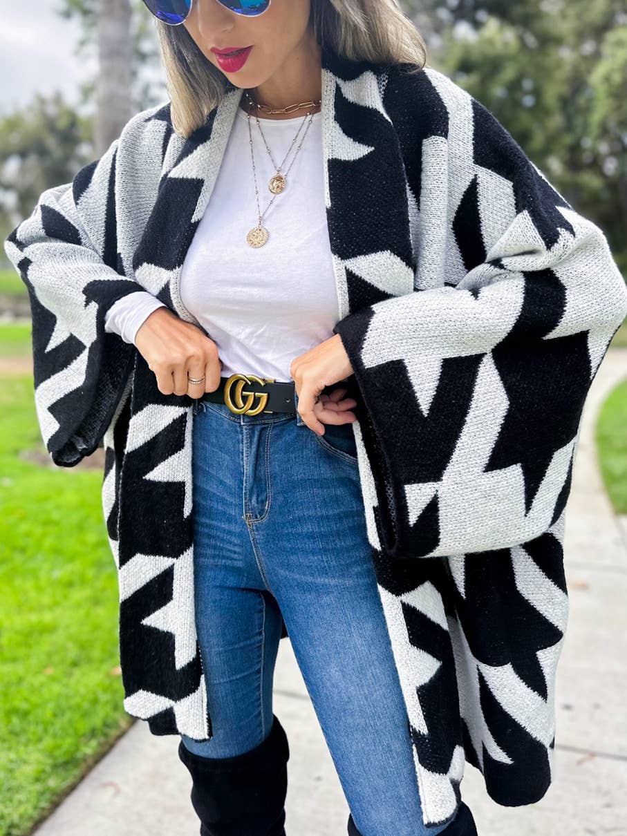 Black Luxurious Large Houndstooth Oversized Knit Cardigan