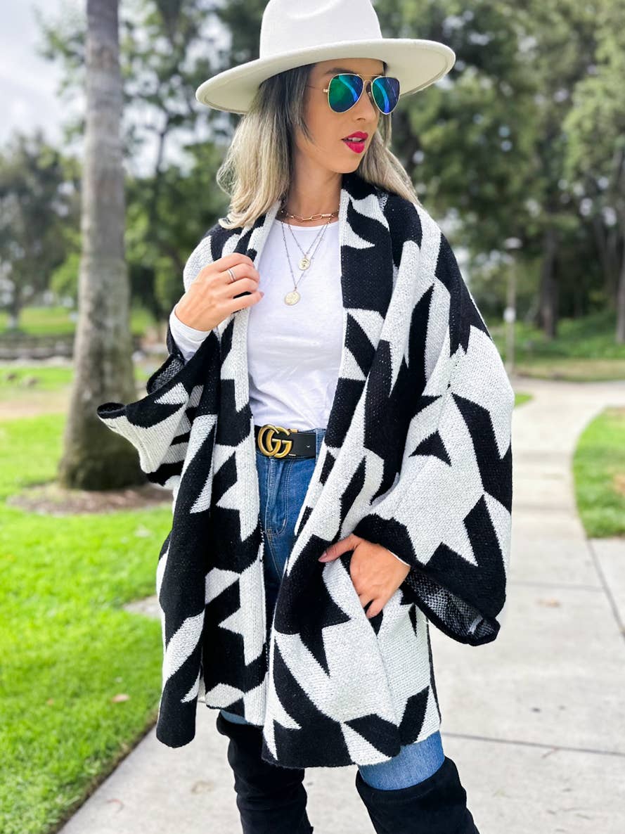 Black Luxurious Large Houndstooth Oversized Knit Cardigan