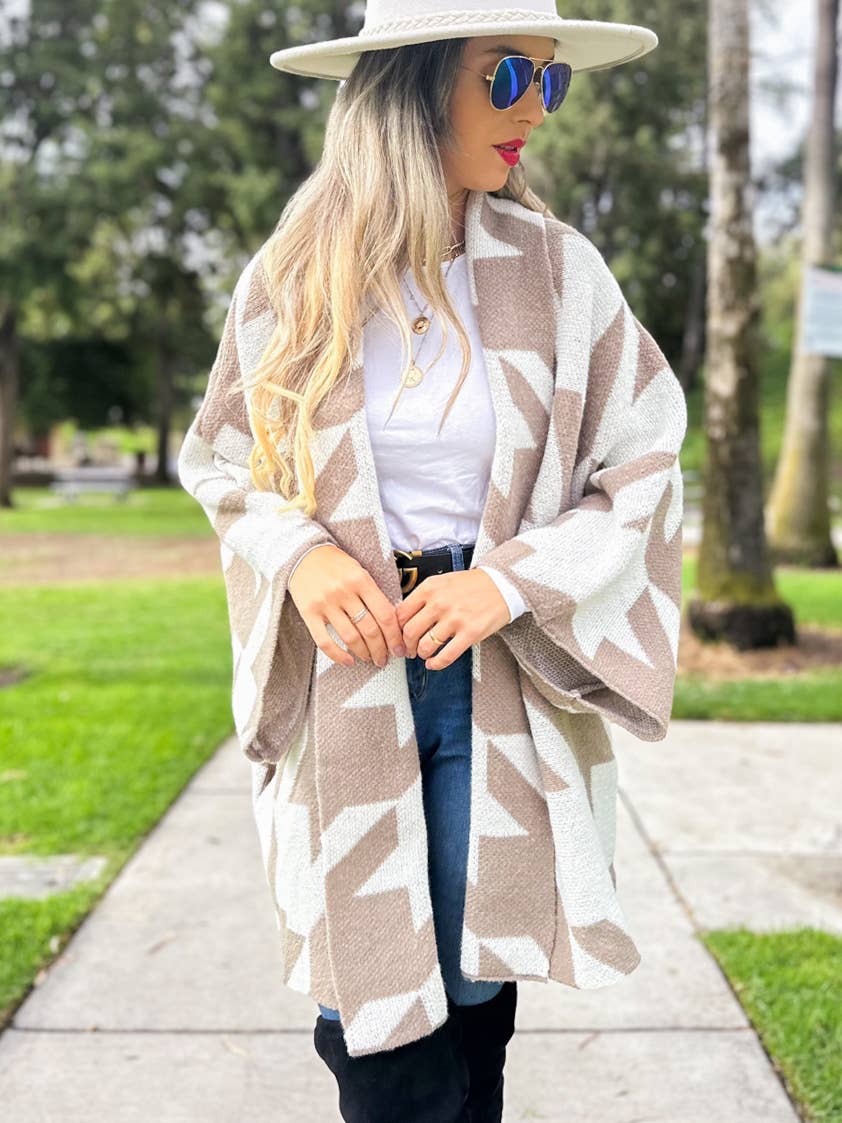 Taupe Luxurious Large Houndstooth Oversized Knit Cardigan