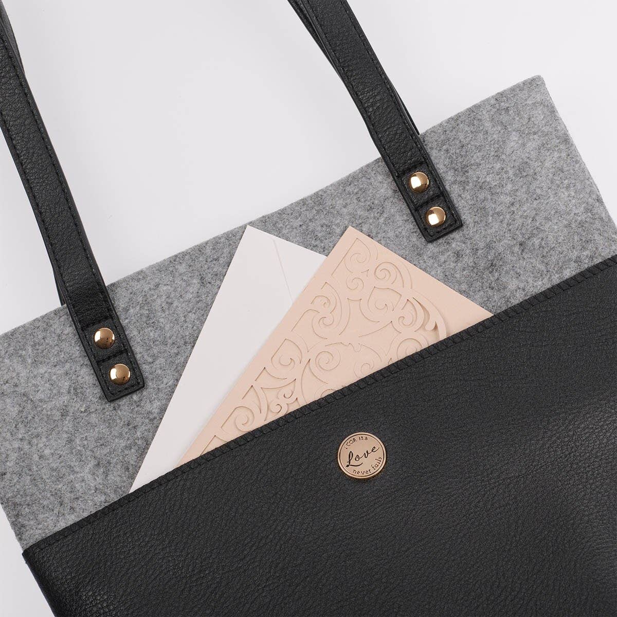 Bible Tote Gray/Black Love Never Fails Badge 1 Cor. 13:8
