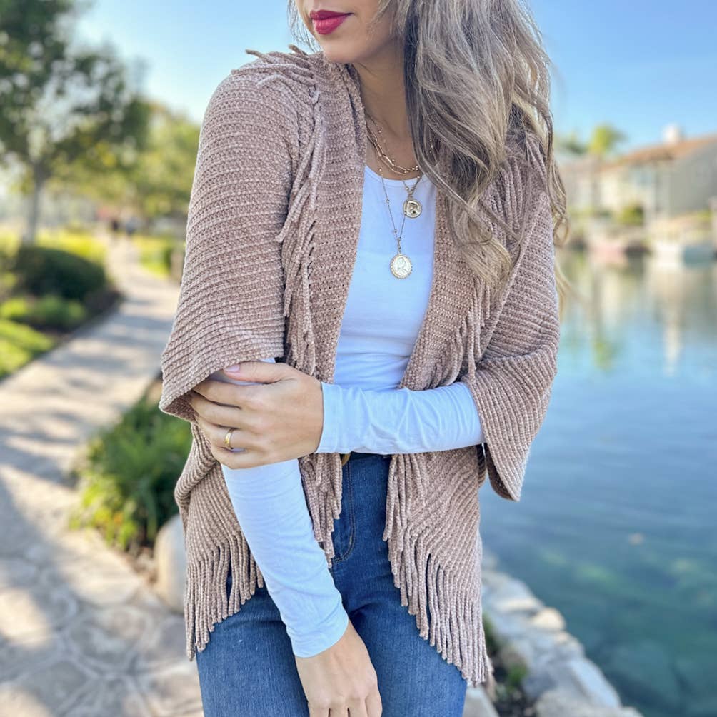 Dark Taupe Solid Knitted Shrug Cardigan with Tassels