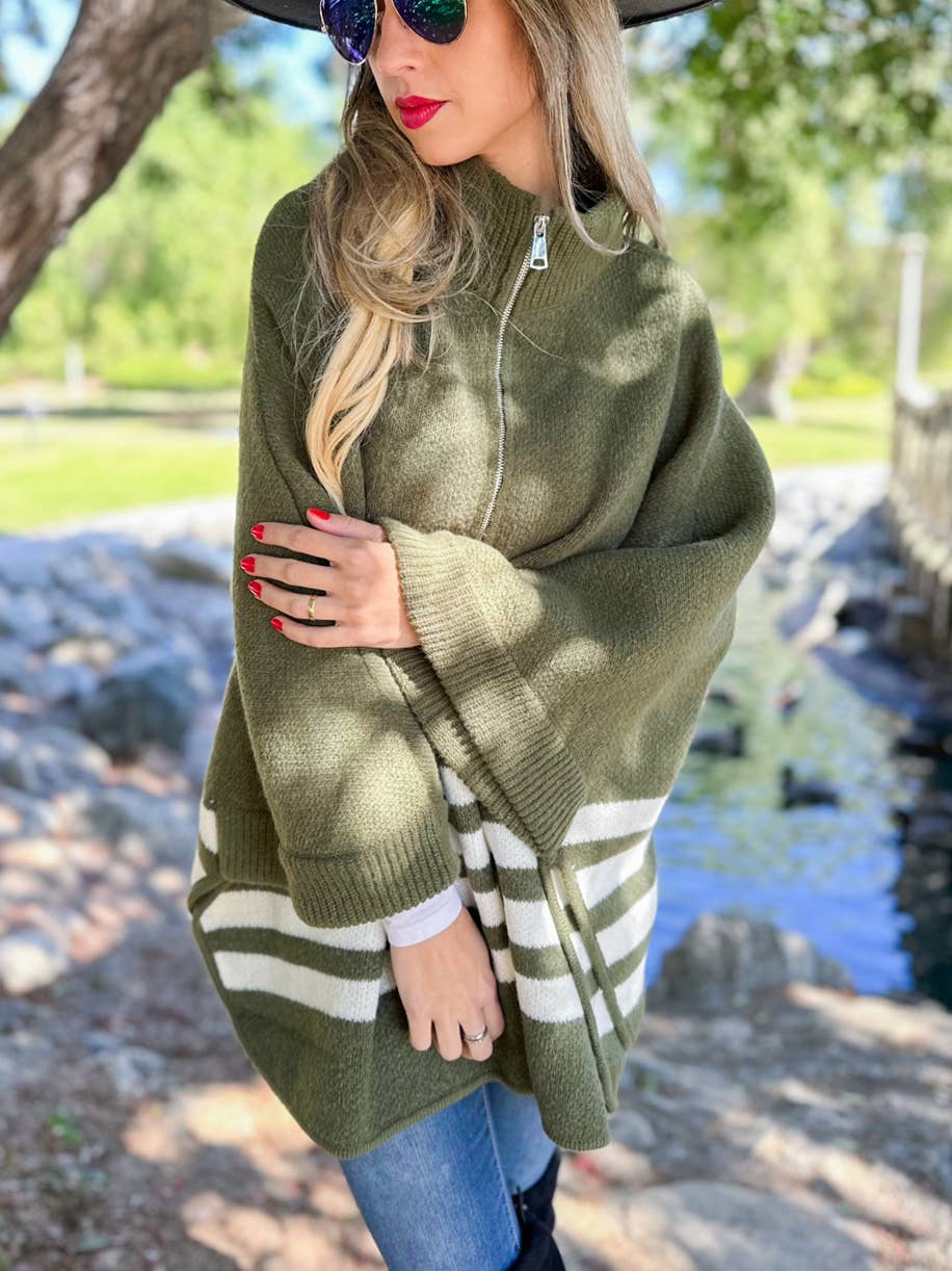 Olive Stripe Border Printed Zip-Up Cardigan