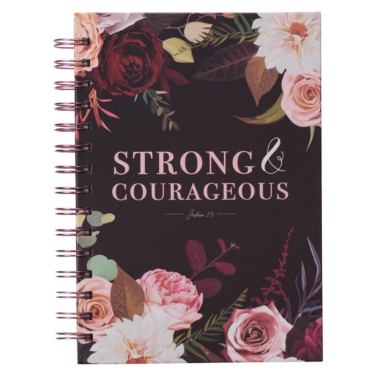 Journal Wirebound Black Floral Strong & Courageous Josh. 1:9