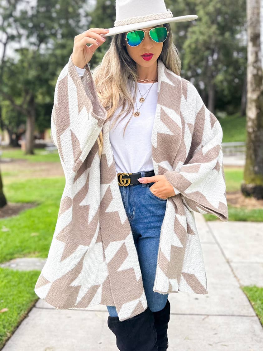 Taupe Luxurious Large Houndstooth Oversized Knit Cardigan