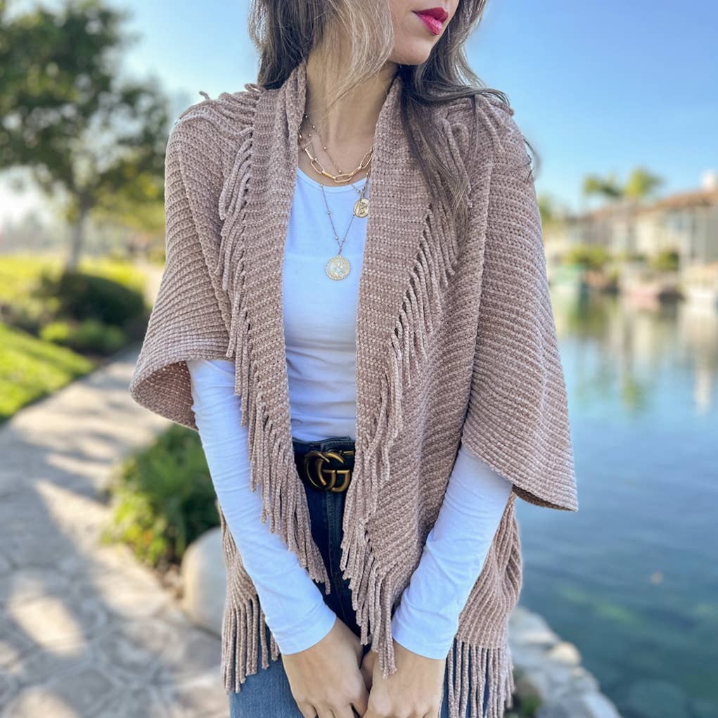 Dark Taupe Solid Knitted Shrug Cardigan with Tassels
