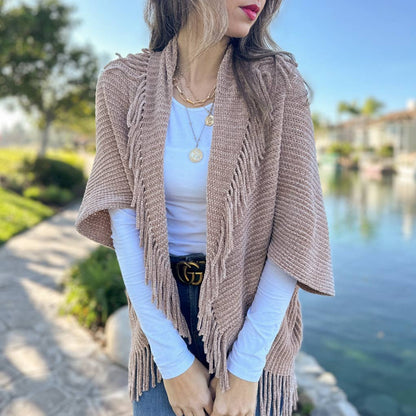Dark Taupe Solid Knitted Shrug Cardigan with Tassels