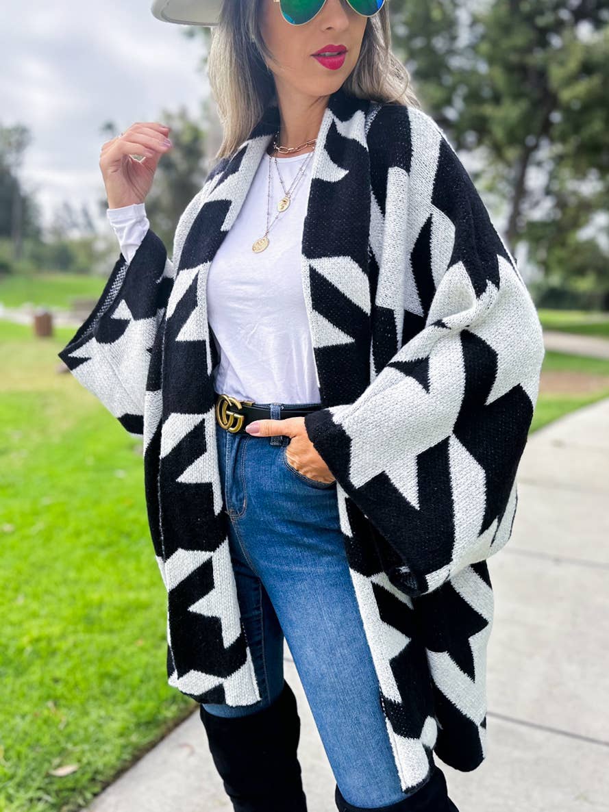 Black Luxurious Large Houndstooth Oversized Knit Cardigan
