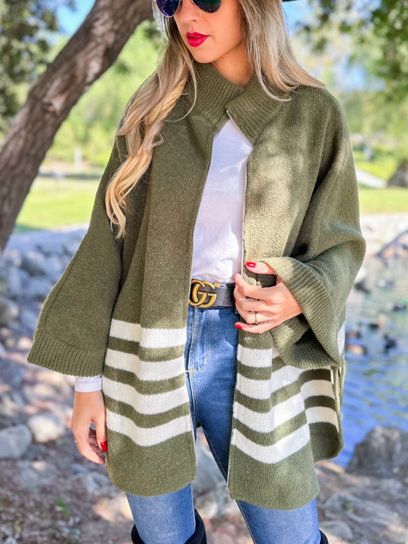 Olive Stripe Border Printed Zip-Up Cardigan