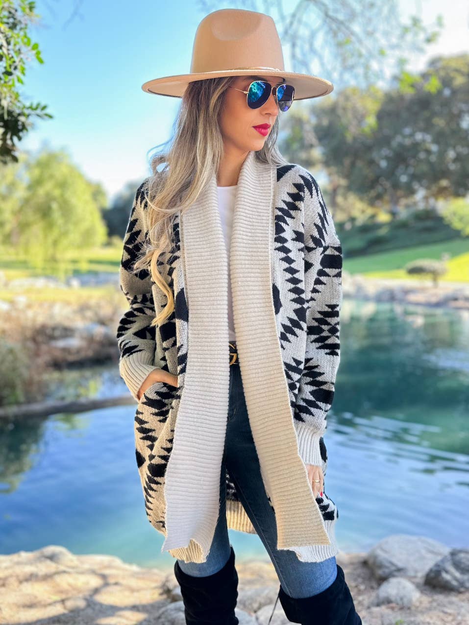 Trendy Beige Aztec Printed Lightweight Cardigan with Pockets