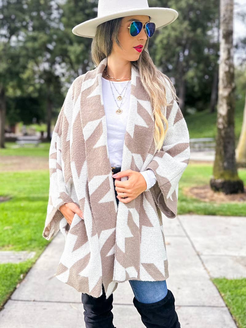 Taupe Luxurious Large Houndstooth Oversized Knit Cardigan