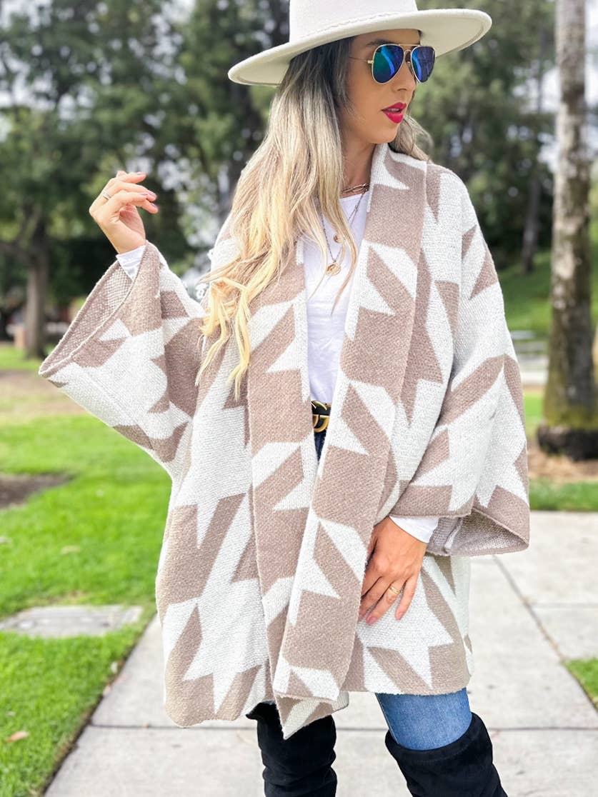 Taupe Luxurious Large Houndstooth Oversized Knit Cardigan