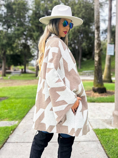 Taupe Luxurious Large Houndstooth Oversized Knit Cardigan