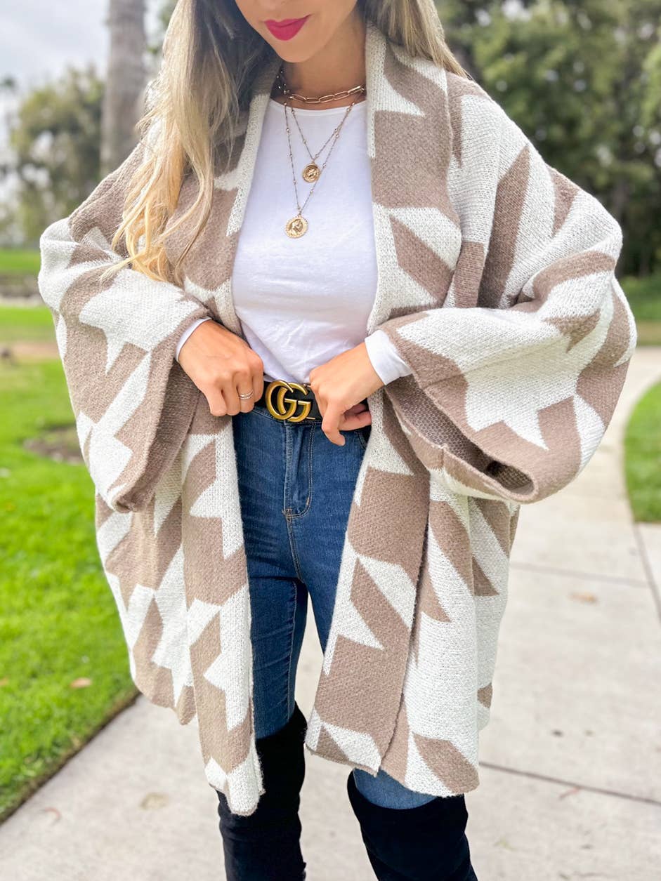 Taupe Luxurious Large Houndstooth Oversized Knit Cardigan