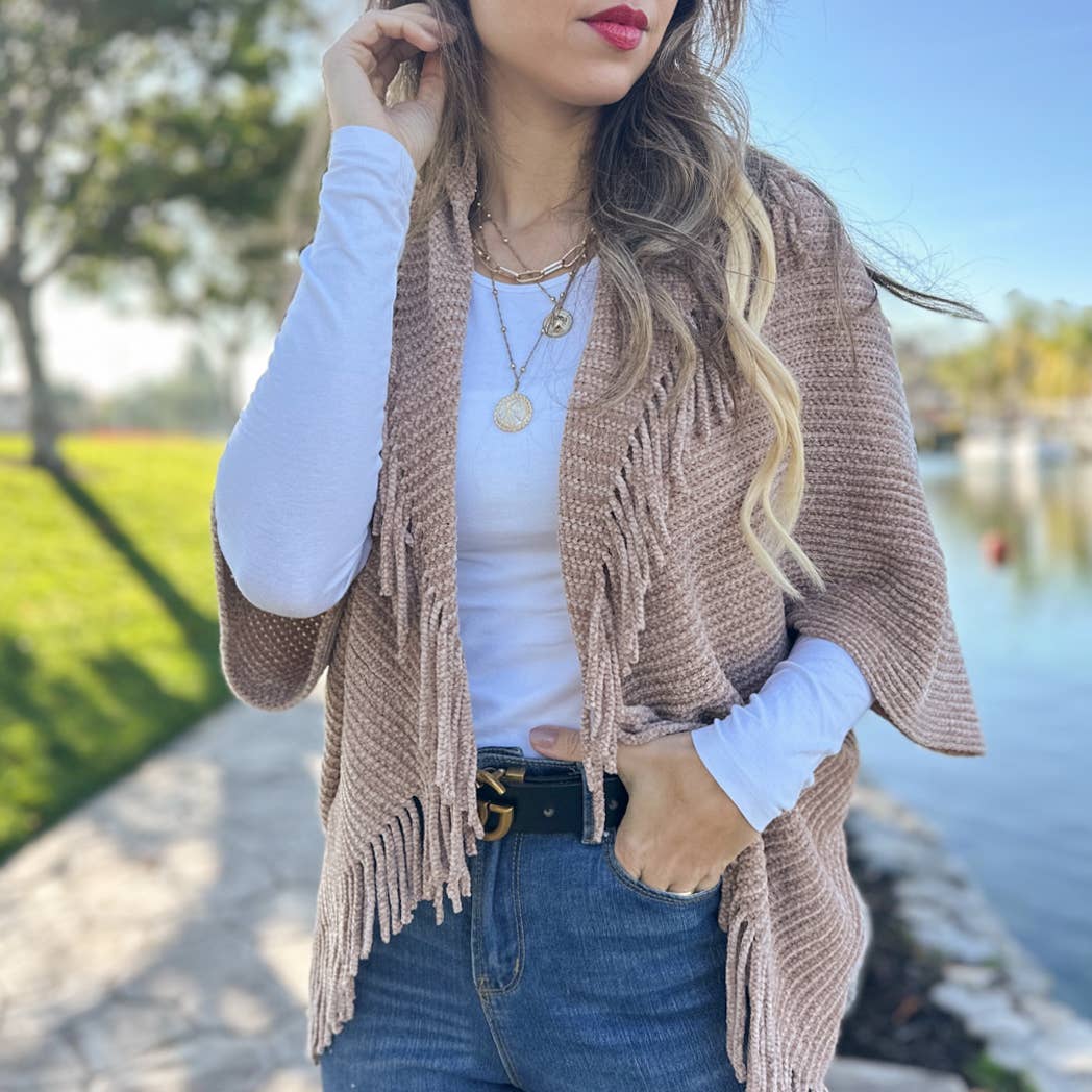 Dark Taupe Solid Knitted Shrug Cardigan with Tassels