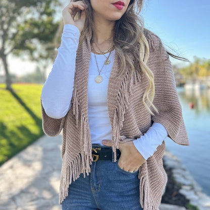 Dark Taupe Solid Knitted Shrug Cardigan with Tassels