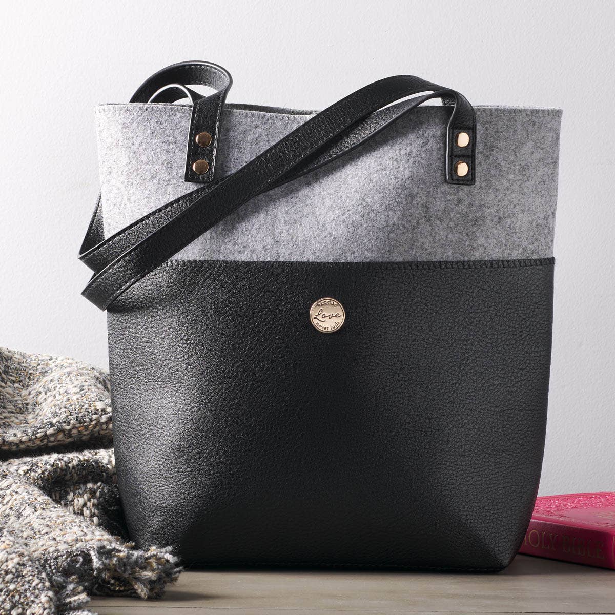 Bible Tote Gray/Black Love Never Fails Badge 1 Cor. 13:8