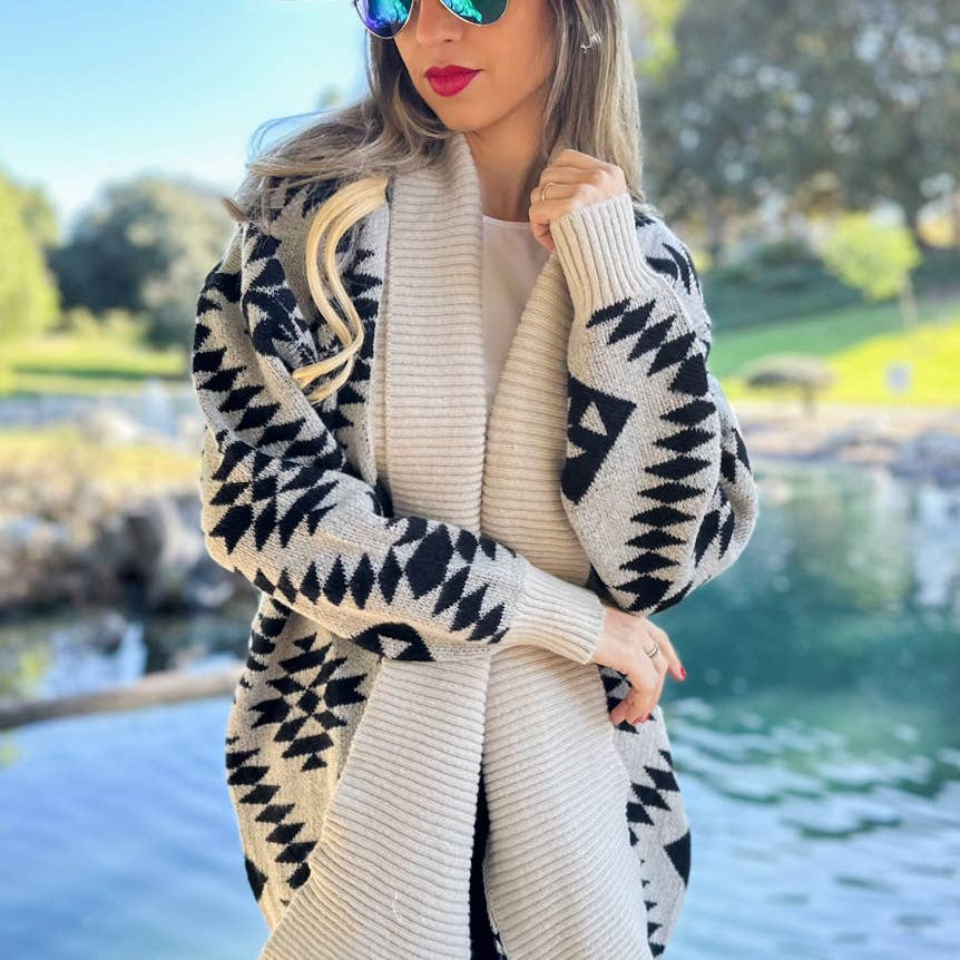 Trendy Beige Aztec Printed Lightweight Cardigan with Pockets