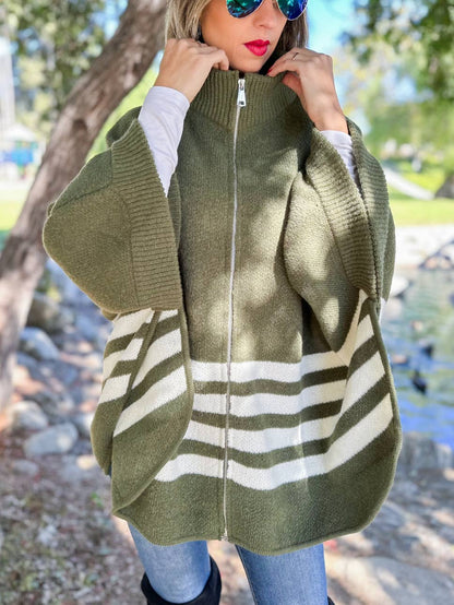 Olive Stripe Border Printed Zip-Up Cardigan