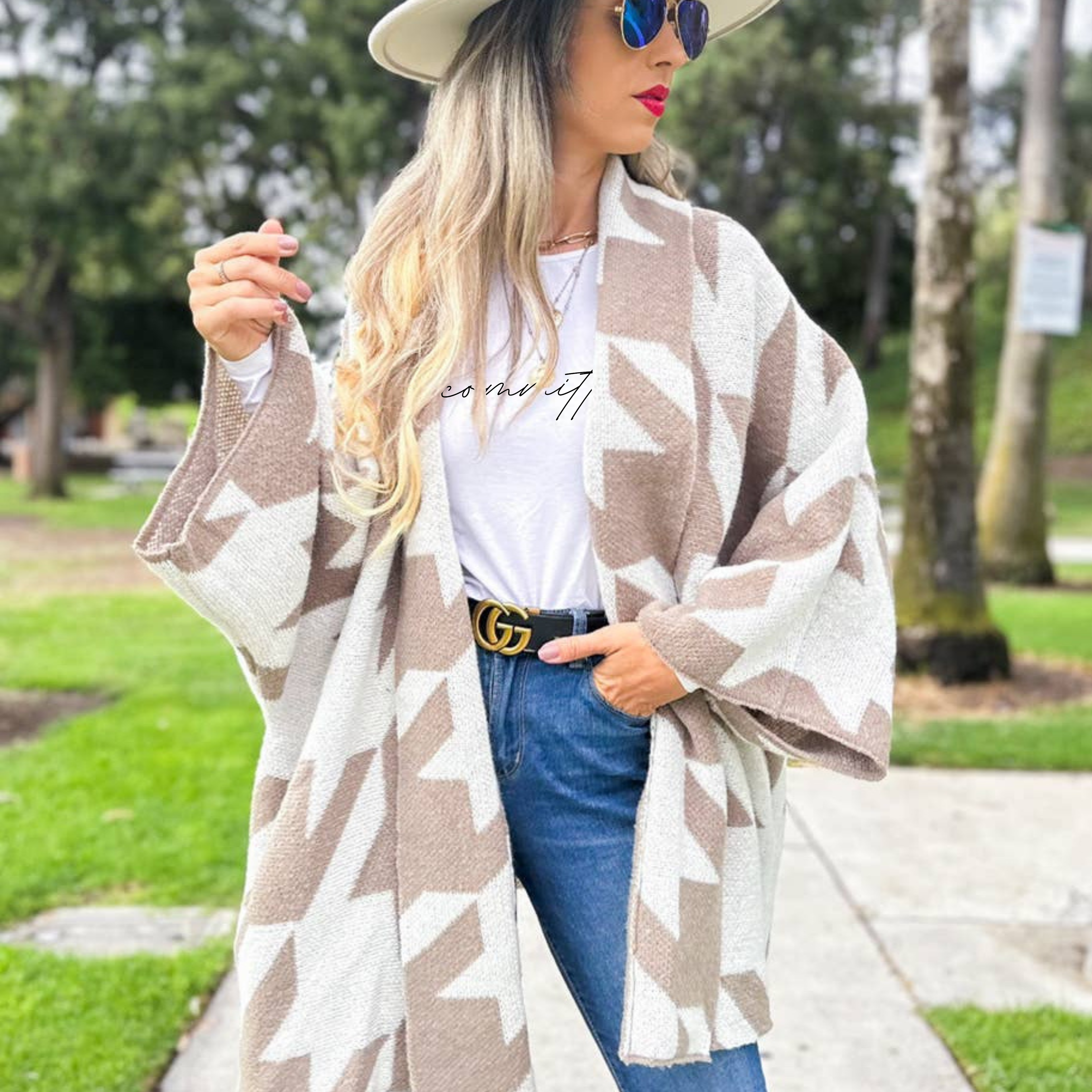 Taupe Luxurious Large Houndstooth Oversized Knit Cardigan