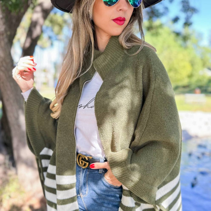 Olive Stripe Border Printed Zip-Up Cardigan
