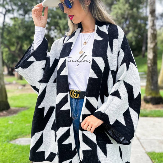 Black Luxurious Large Houndstooth Oversized Knit Cardigan