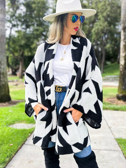 Black Luxurious Large Houndstooth Oversized Knit Cardigan