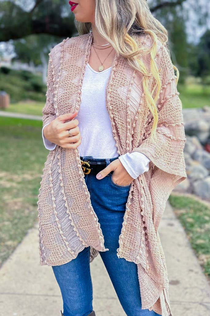 Nude 3D Textured Open Front Soft Kimono Cover UP