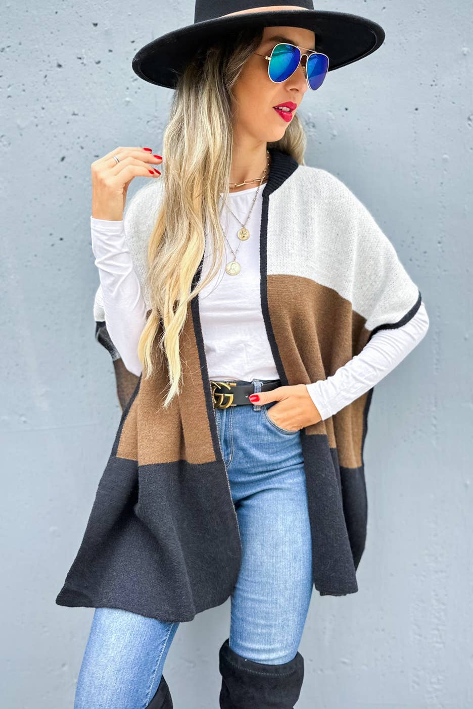 Multi Color Block Lightweight Knit Ruana Cardigan