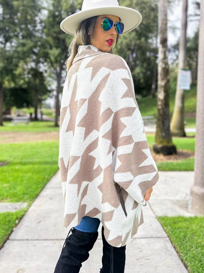 Taupe Luxurious Large Houndstooth Oversized Knit Cardigan