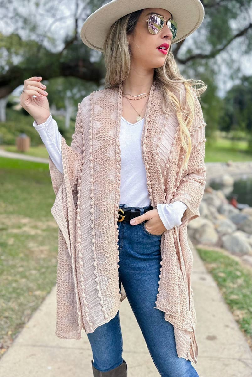 Nude 3D Textured Open Front Soft Kimono Cover UP