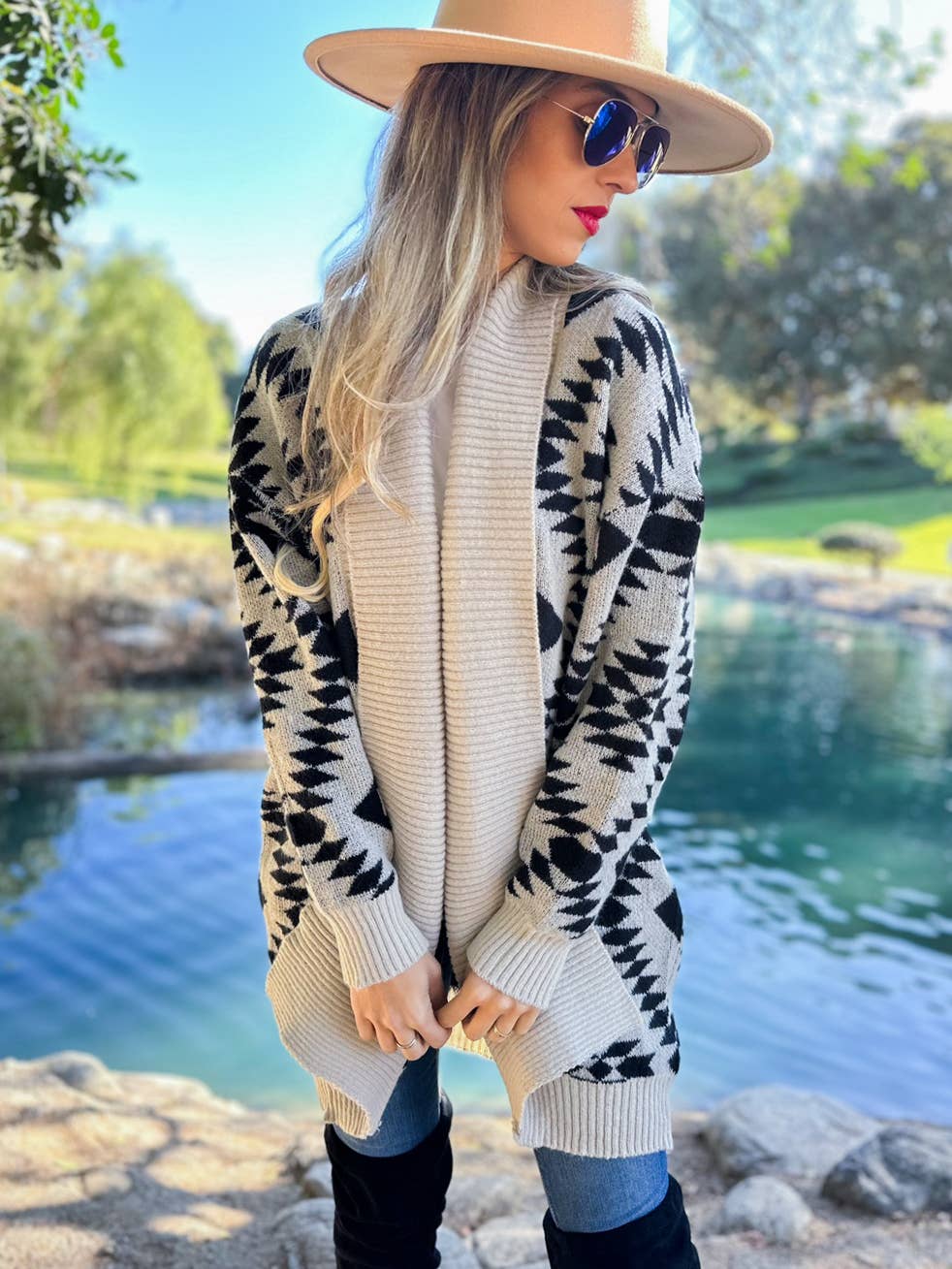 Trendy Beige Aztec Printed Lightweight Cardigan with Pockets