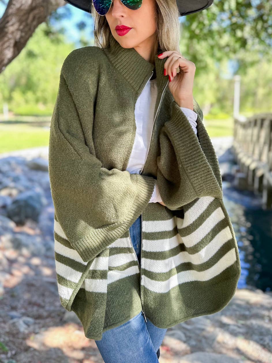 Olive Stripe Border Printed Zip-Up Cardigan