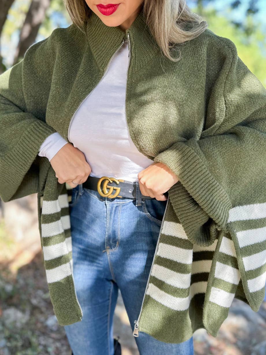 Olive Stripe Border Printed Zip-Up Cardigan