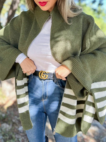 Olive Stripe Border Printed Zip-Up Cardigan