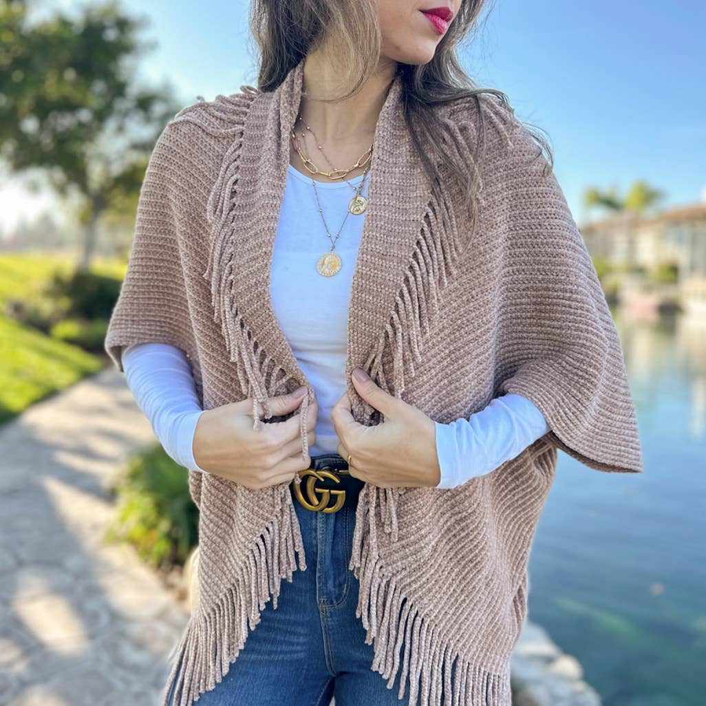 Dark Taupe Solid Knitted Shrug Cardigan with Tassels