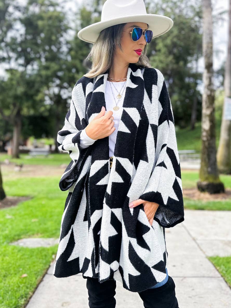 Black Luxurious Large Houndstooth Oversized Knit Cardigan