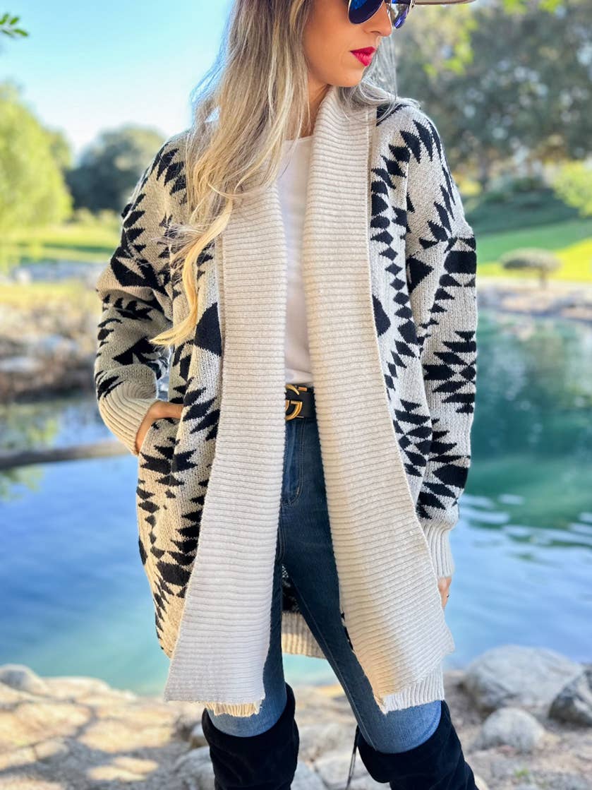 Trendy Beige Aztec Printed Lightweight Cardigan with Pockets