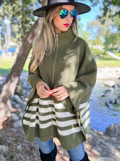 Olive Stripe Border Printed Zip-Up Cardigan
