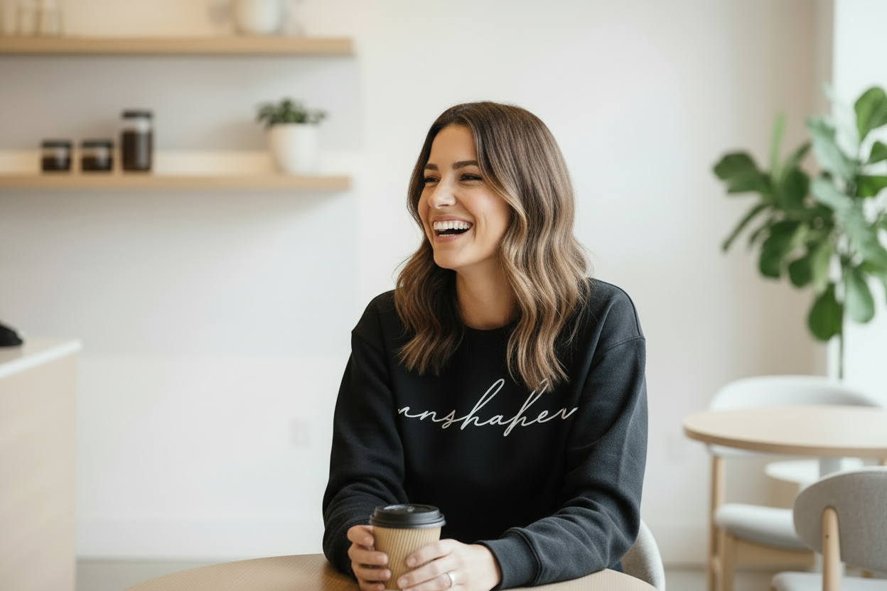 Laughing coffee shop portrait